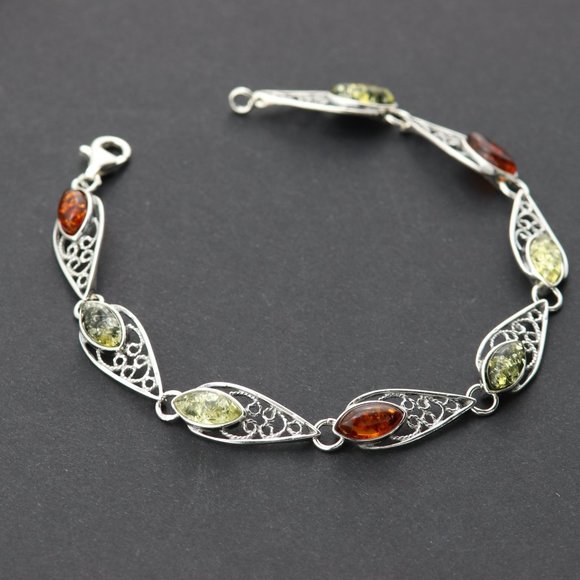 Sterling silver and natural Baltic amber link bracelet - Picture 6 of 13